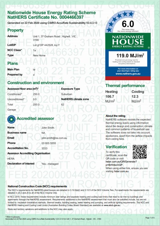 An example of a genuine NatHERS certificate