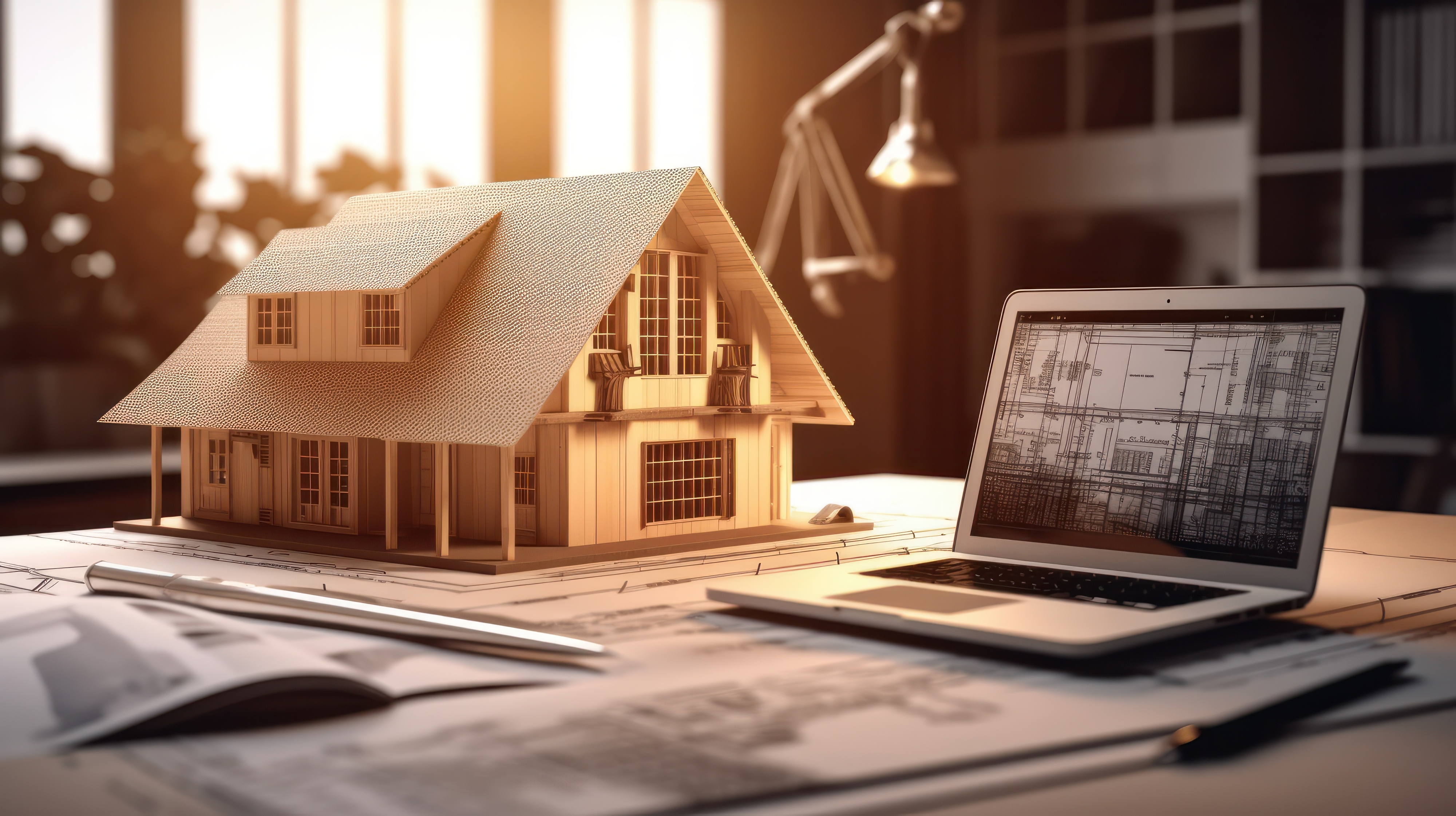 Model building next to a laptop with architectural designs displayed on screen