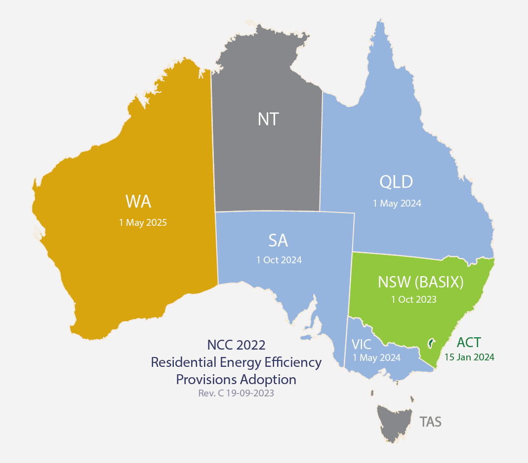 Australian map with state and territories outlined with NCC adoption dates