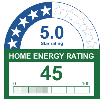 This is the star rating chart displayed on the Home Energy Rating certificate. The chart is split into two. The top half is an arch of 10 stars, showing a rating of 5 stars out of 10. The bottom half says Home Energy Rating and shows a rating of 45 out of 100.