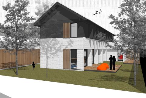 Two storey house rear view with garden 