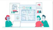 Still from the Jan and Sam video animation of a couple reading a building plan with an energy assessor advising on improvement.  