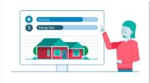 Still from the Jane and Sam video animation of an illustrated house and a character pointing to a bar graph indicating the cost and energy savings  